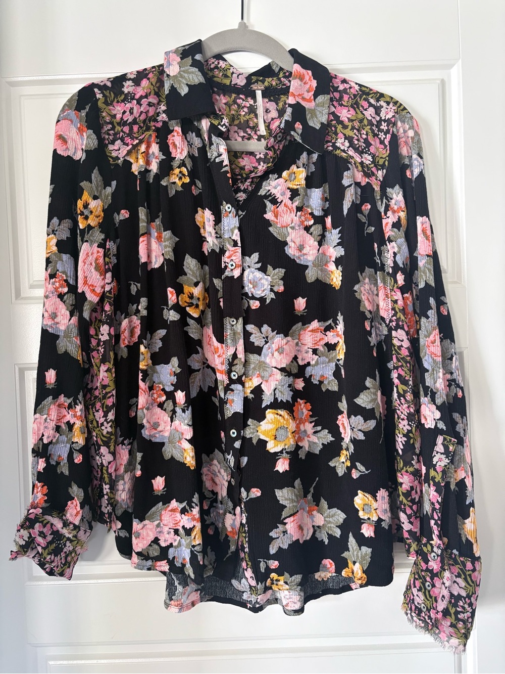 Free People Women's Black Floral Button-Front Blouse - Pink & Yellow Flowers